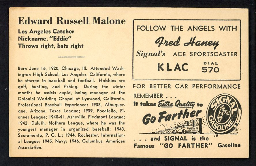 1947 Signal Oil Eddie Malone Los Angeles VG-EX 537114