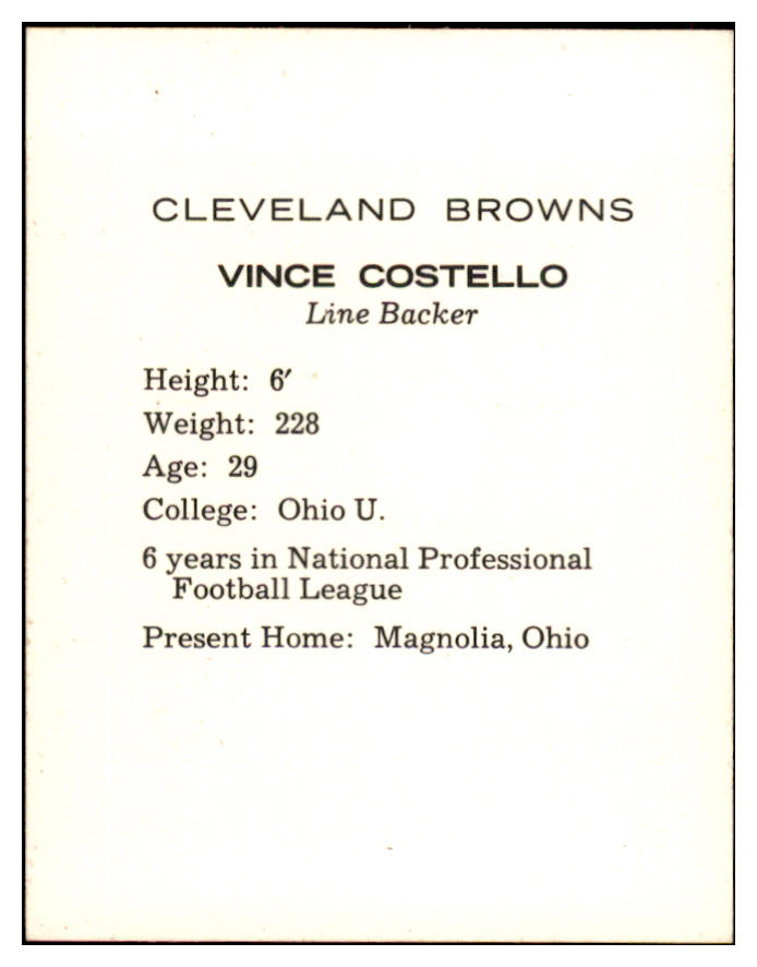1962 Kahns Football Vince Costello Browns NR-MT 537196