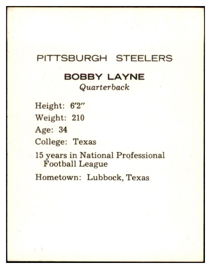 1962 Kahns Football Bobby Layne Steelers NR-MT 537202