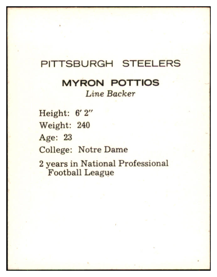 1962 Kahns Football Myron Pottios Steelers NR-MT 537212