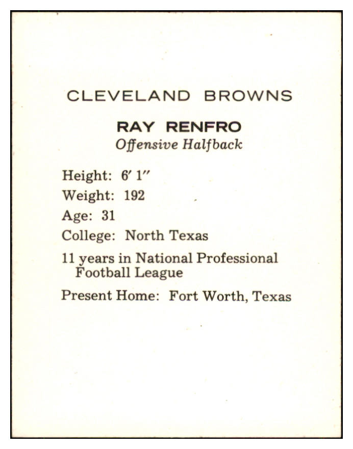 1962 Kahns Football Ray Renfro Browns NR-MT 537214