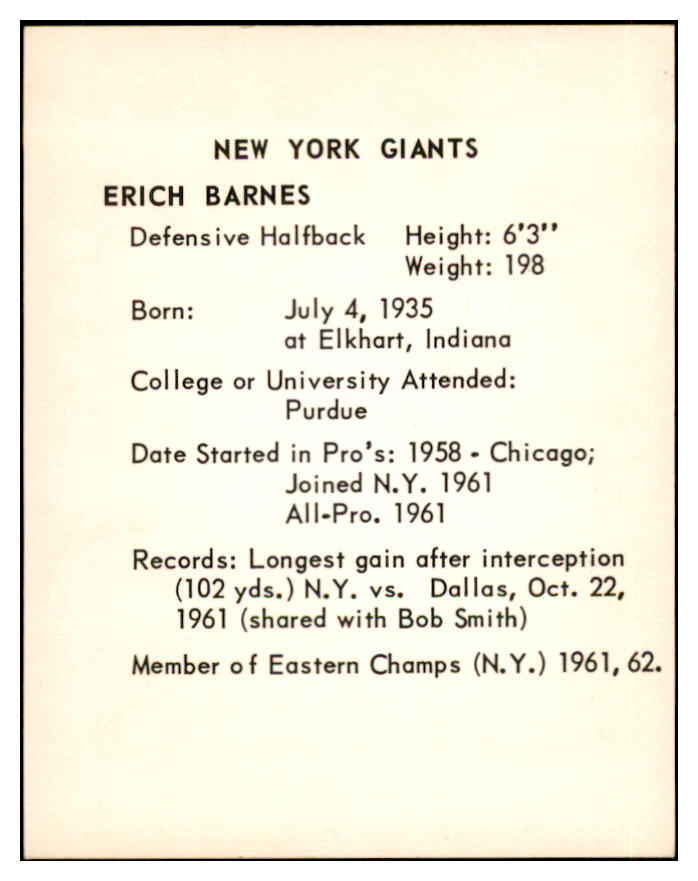 1963 Kahns Football Erich Barnes Giants NR-MT 537220