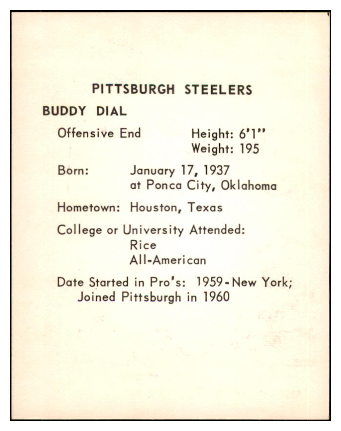 1963 Kahns Football Buddy Dial Steelers NR-MT 537227