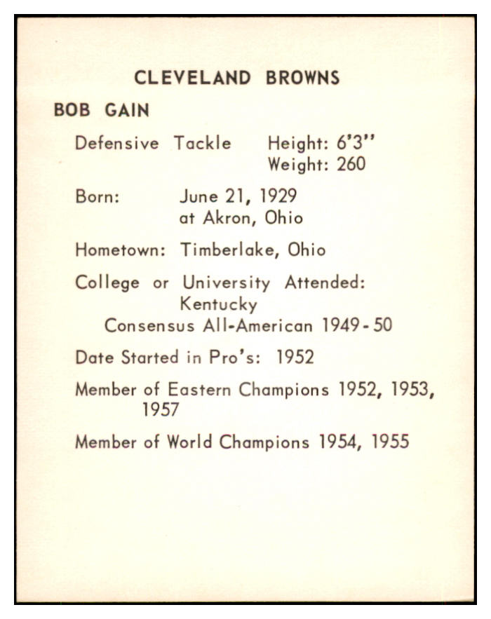 1963 Kahns Football Bob Gain Browns NR-MT 537230