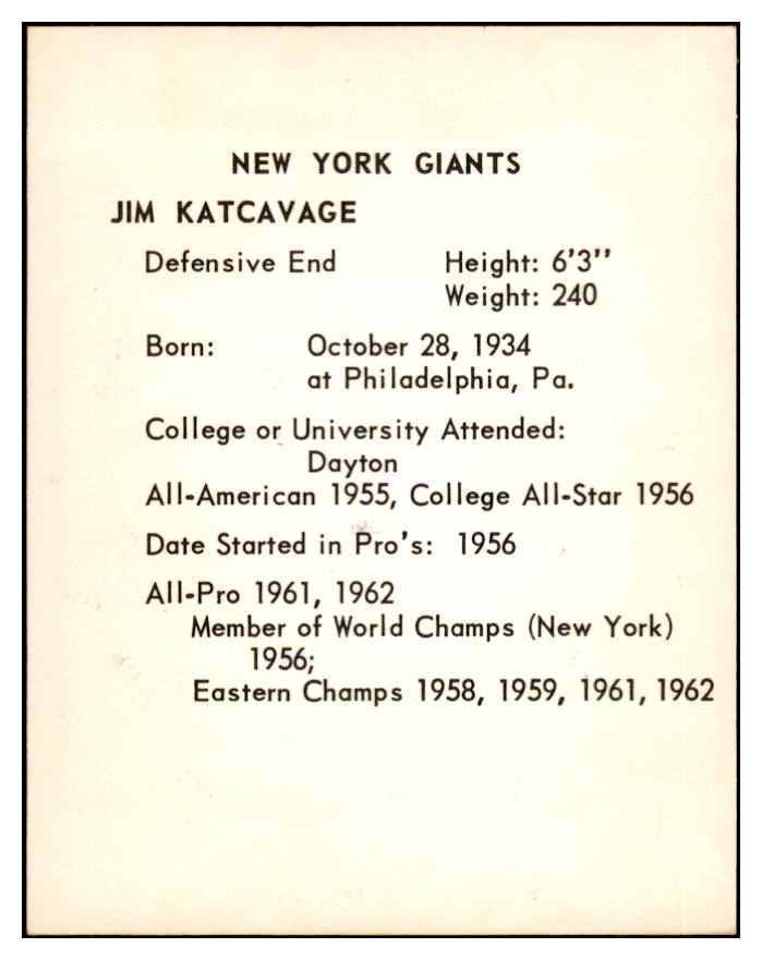 1963 Kahns Football Jim Katcavage Giants NR-MT 537238