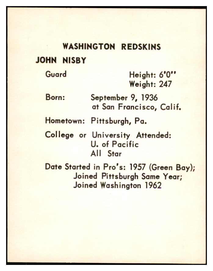 1963 Kahns Football John Nisby Washington NR-MT 537249