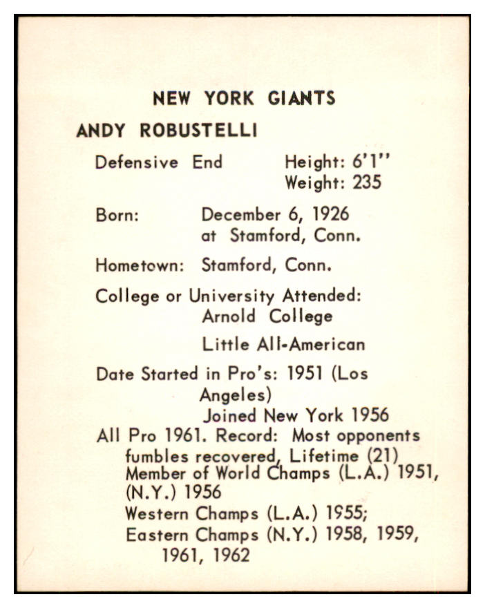 1963 Kahns Football Andy Robustelli Giants NR-MT 537258