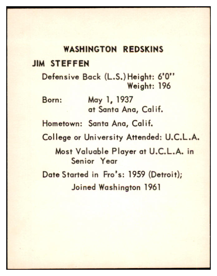 1963 Kahns Football Jim Steffen Washington NR-MT 537265