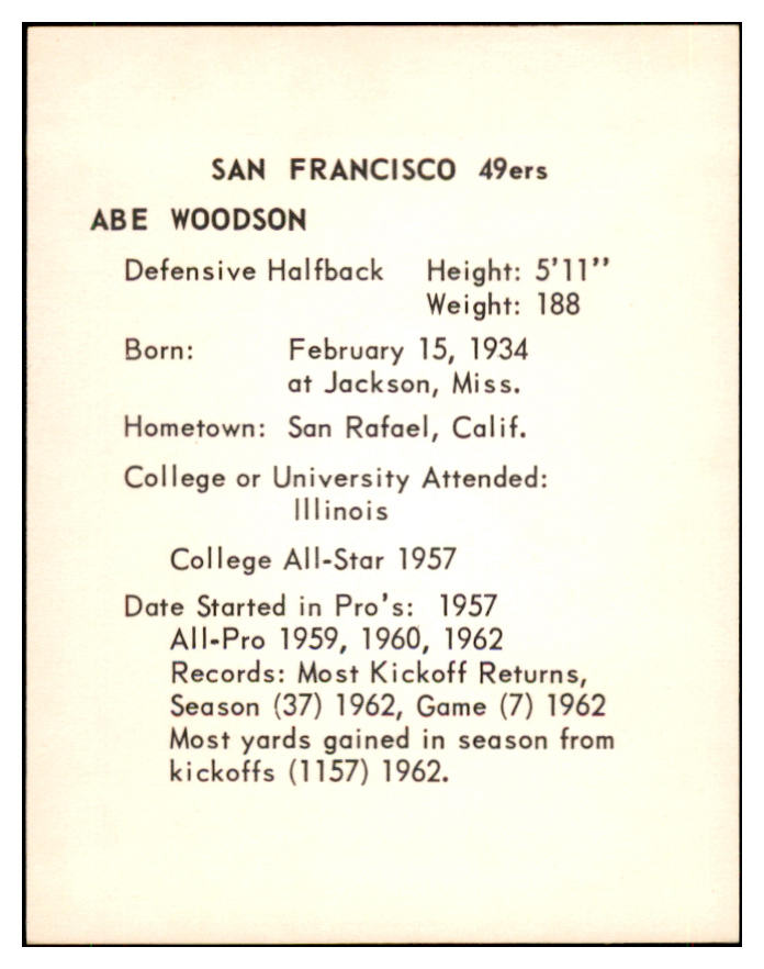 1963 Kahns Football Abe Woodson 49ers NR-MT 537272