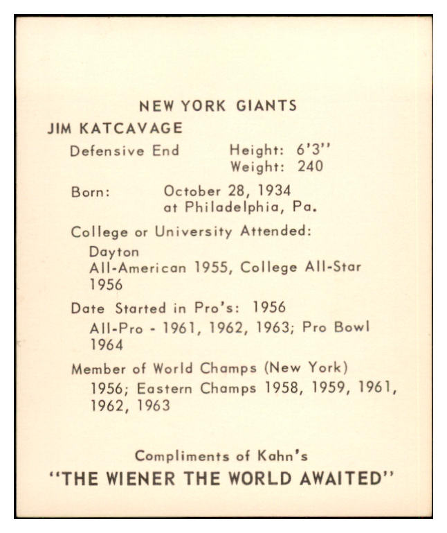 1964 Kahns Football Jim Katcavage Giants NR-MT 537279
