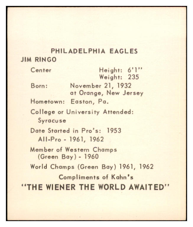 1964 Kahns Football Jim Ringo Eagles NR-MT 537285