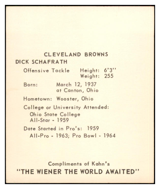 1964 Kahns Football Dick Schafrath Browns NR-MT 537287