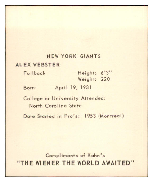 1964 Kahns Football Alex Webster Giants NR-MT 537294