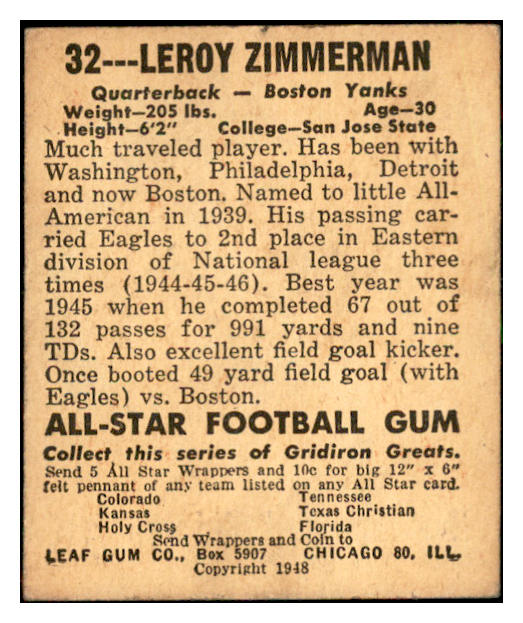 1948 Leaf Football #032 Leroy Zimmerman Yanks EX 537316