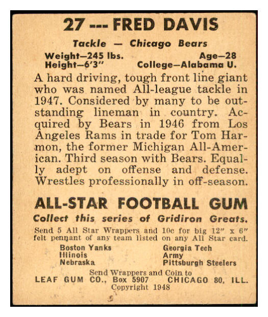 1948 Leaf Football #027 Fred Davis Bears EX 537319