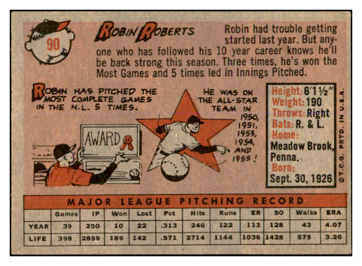 1958 Topps Baseball #090 Robin Roberts Phillies EX-MT 537373