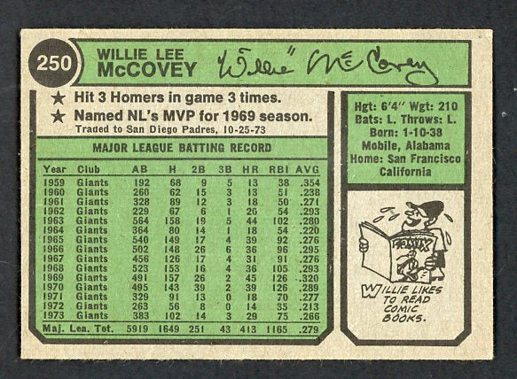 1974 Topps Baseball #250 Willie McCovey Padres EX-MT Variation 537394