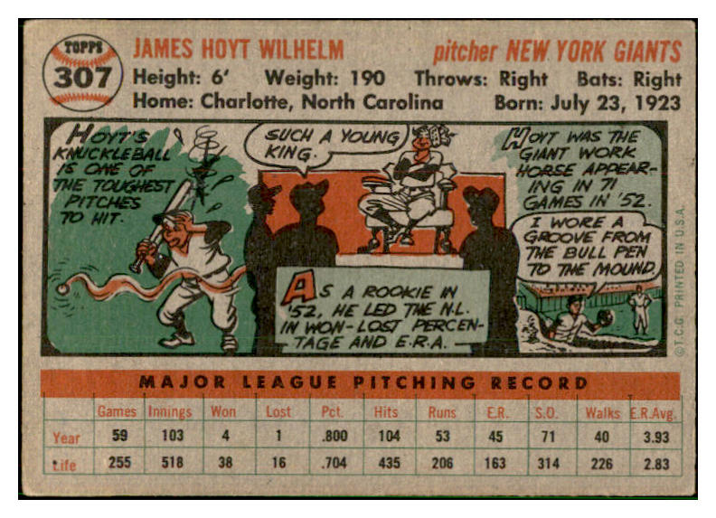 1956 Topps Baseball #307 Hoyt Wilhelm Giants VG-EX 537512