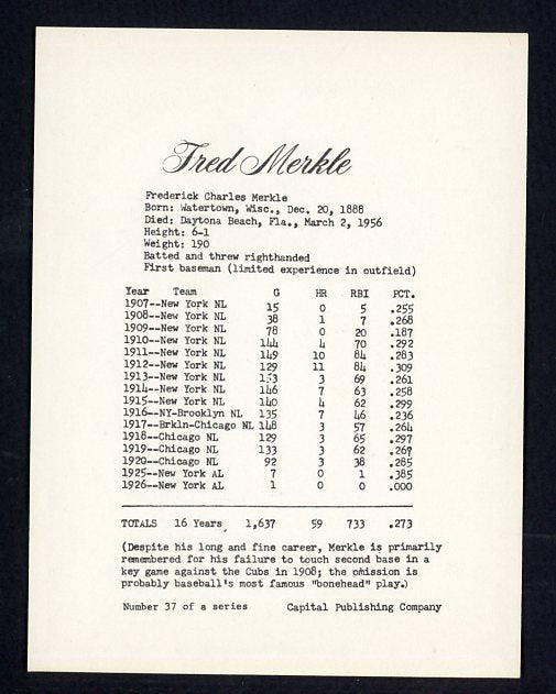 1974 Capital Publishing #037 Fred Merkle Giants NR-MT 537618