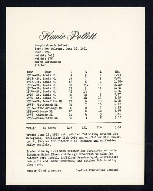 1974 Capital Publishing #053 Howie Pollet Cardinals NR-MT 537620