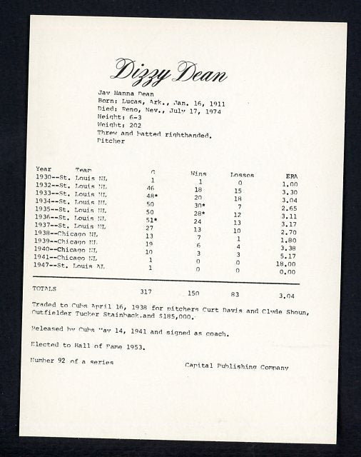 1974 Capital Publishing #092 Dizzy Dean Cardinals NR-MT 537656