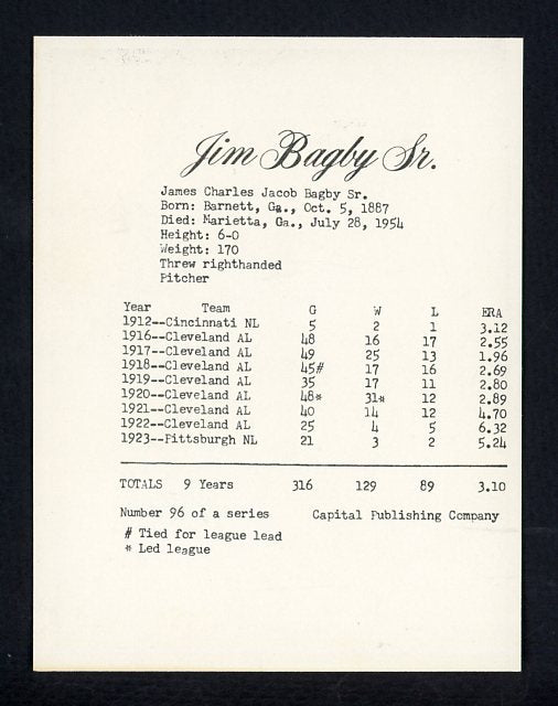 1974 Capital Publishing #096 Jim Bagby Indians EX-MT 537660