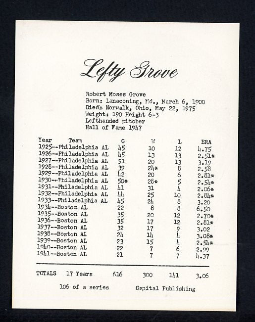 1974 Capital Publishing #106 Lefty Grove A's NR-MT 537670