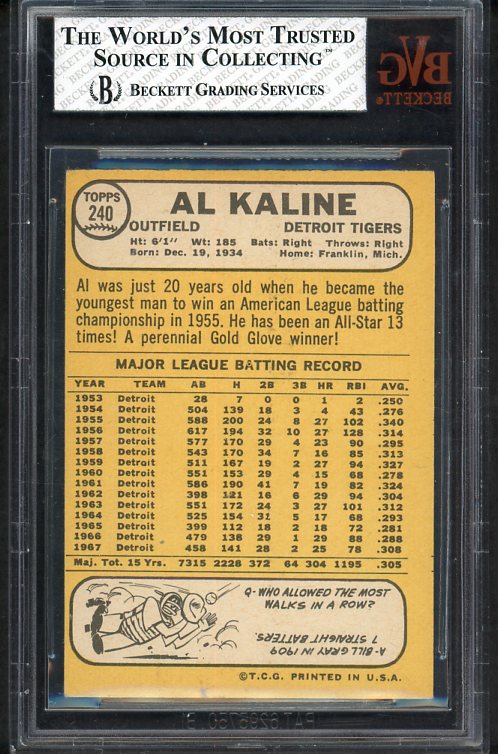 1968 Topps Baseball #240 Al Kaline Tigers BVG 5.5 EX+ 538282