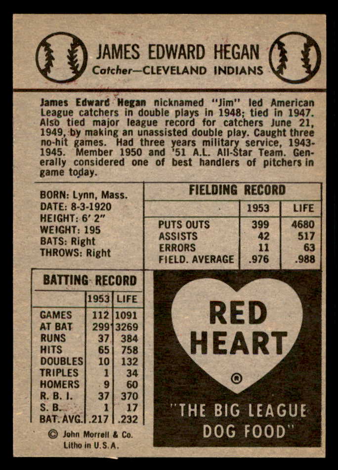 1954 Red Heart Jim Hegan Indians NR-MT 538465