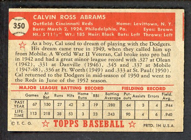 1952 Topps Baseball #350 Cal Abrams Reds EX-MT 538588