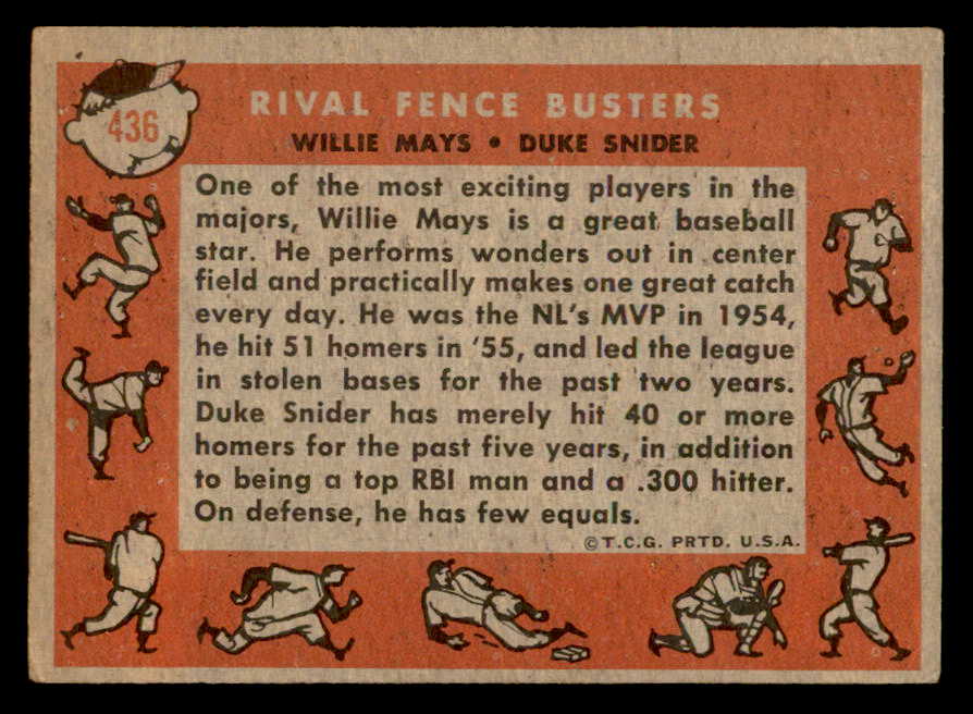 1958 Topps Baseball #436 Willie Mays Duke Snider VG-EX 538827