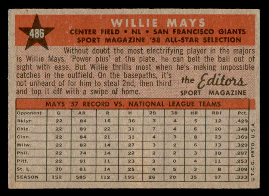 1958 Topps Baseball #486 Willie Mays A.S. Giants EX-MT 538960