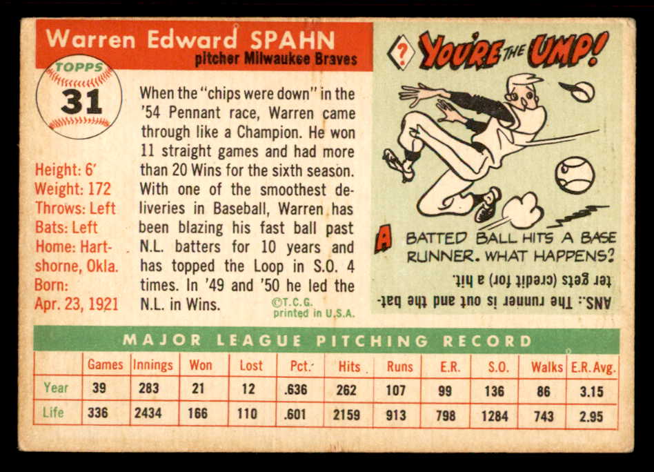1955 Topps Baseball #031 Warren Spahn Braves VG-EX 539039