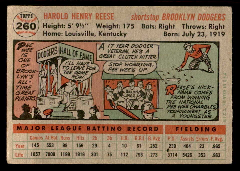 1956 Topps Baseball #260 Pee Wee Reese Dodgers VG-EX 539104