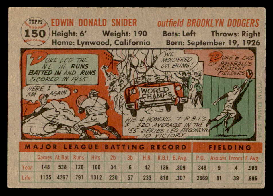 1956 Topps Baseball #150 Duke Snider Dodgers EX-MT Gray 539123