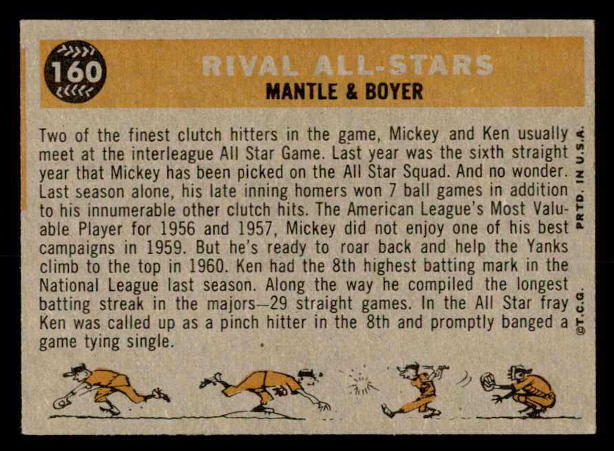 1960 Topps Baseball #160 Mickey Mantle Ken Boyer NR-MT 539556