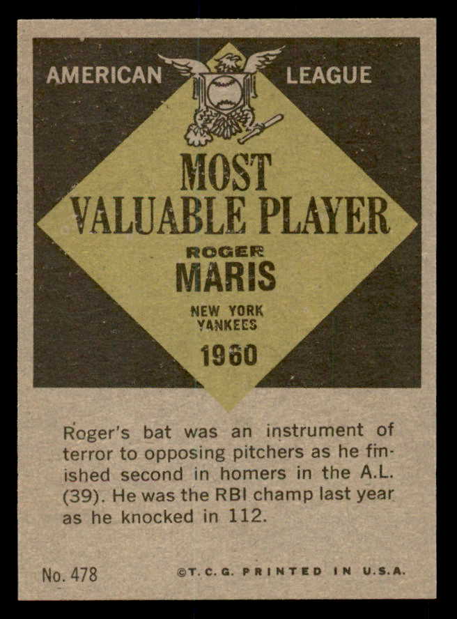 1961 Topps Baseball #478 Roger Maris MVP Yankees NR-MT 539576