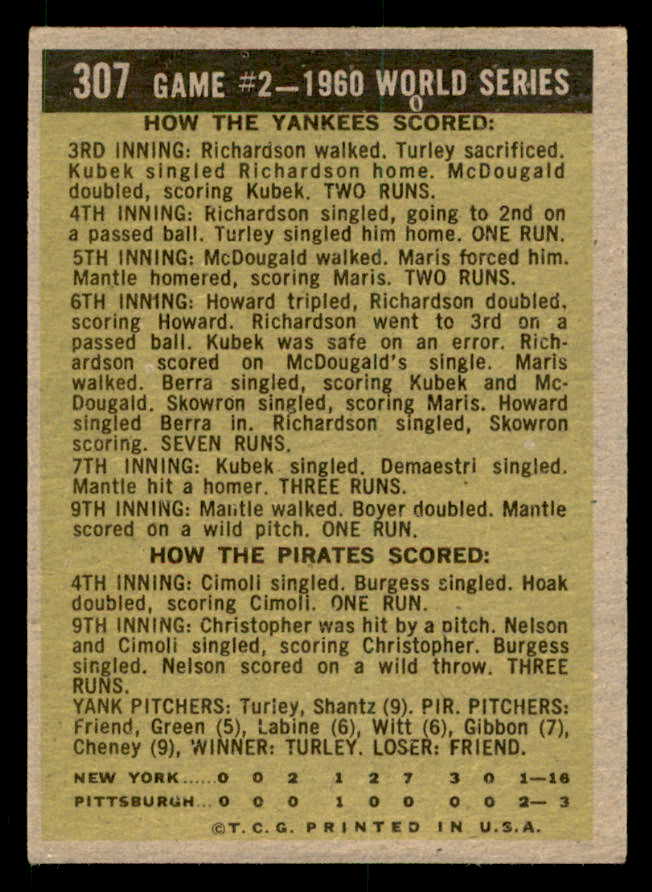 1961 Topps Baseball #307 World Series Game 2 Mickey Mantle EX-MT 539619