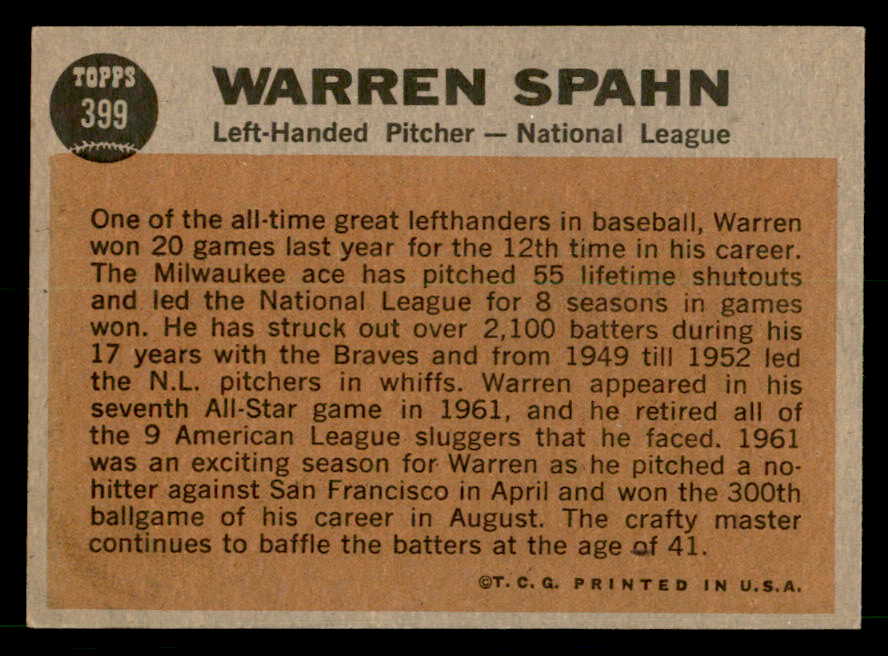1962 Topps Baseball #399 Warren Spahn A.S. Braves EX-MT 539630