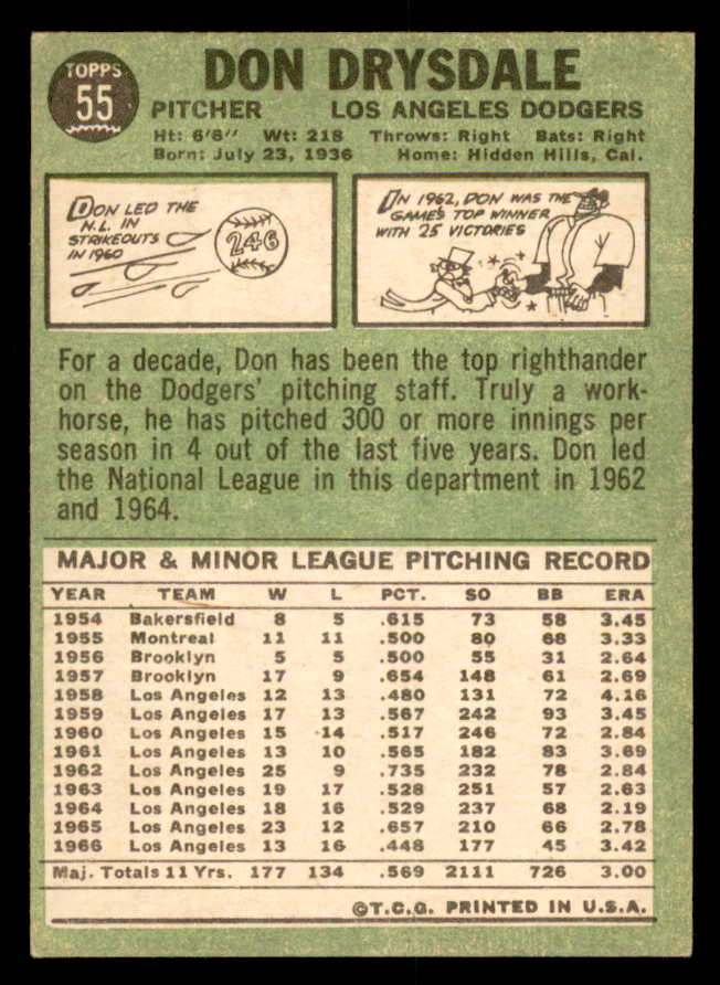 1967 Topps Baseball #055 Don Drysdale Dodgers EX-MT 539817