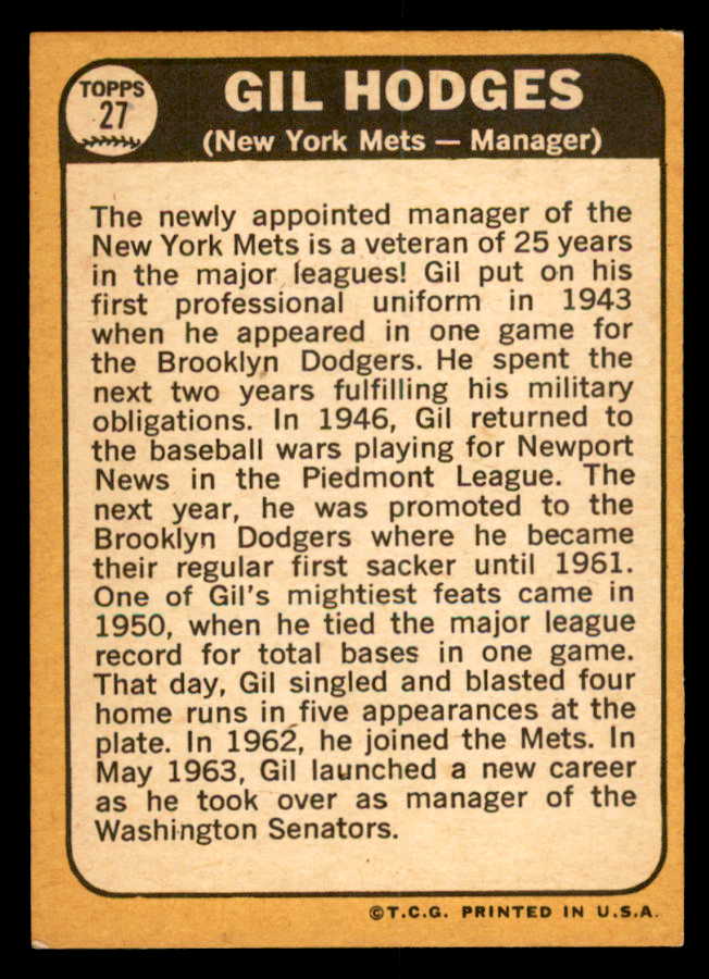 1968 Topps Baseball #027 Gil Hodges Mets VG-EX 539845