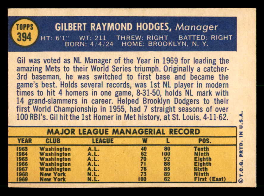 1970 Topps Baseball #394 Gil Hodges Mets VG-EX 539946