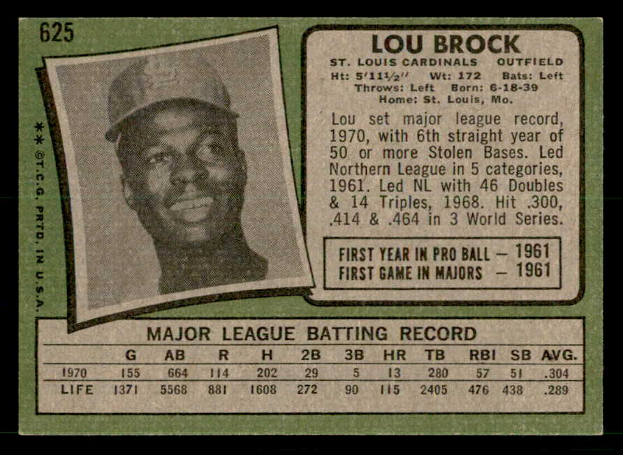 1971 Topps Baseball #625 Lou Brock Cardinals EX-MT 540002
