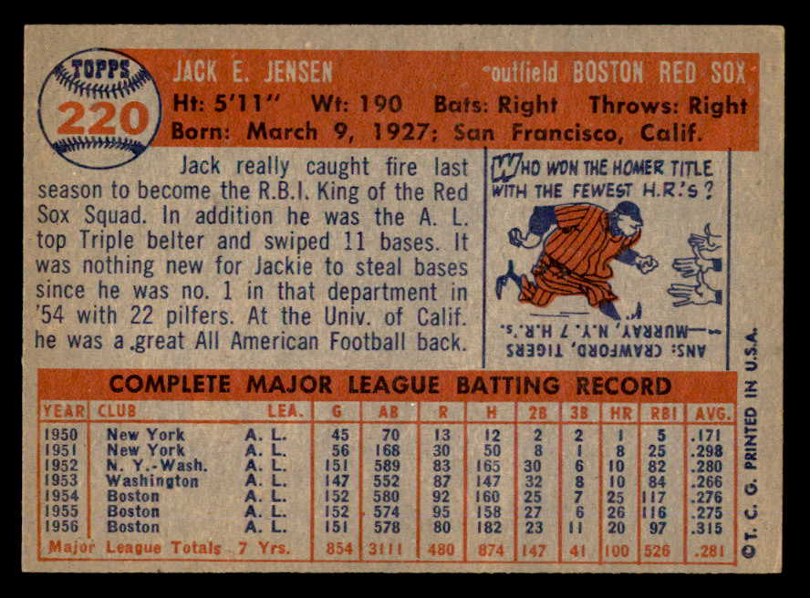 1957 Topps Baseball #220 Jackie Jensen Red Sox EX-MT 540024