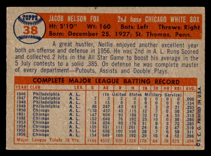 1957 Topps Baseball #038 Nellie Fox White Sox EX-MT 540068