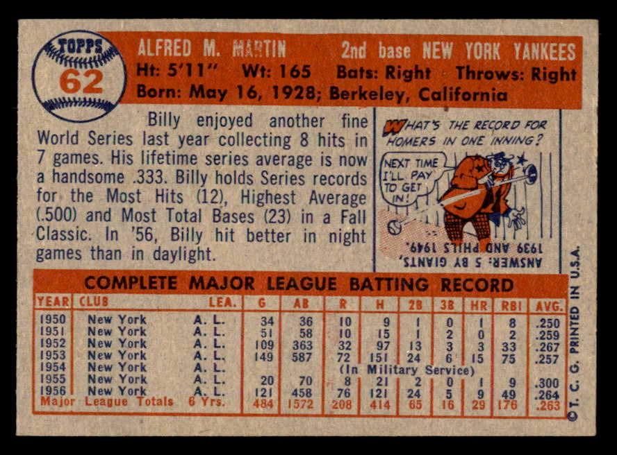 1957 Topps Baseball #062 Billy Martin Yankees EX-MT 540077