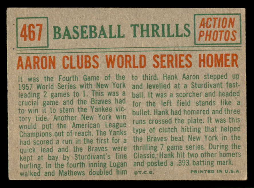 1959 Topps Baseball #467 Hank Aaron IA Braves VG 540195