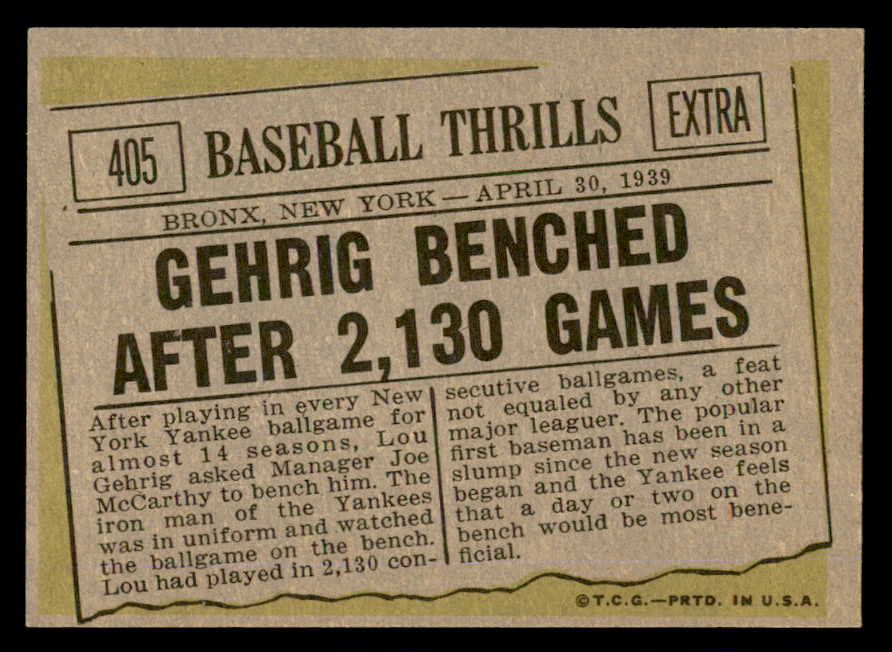 1961 Topps Baseball #405 Lou Gehrig Yankees EX-MT 540393