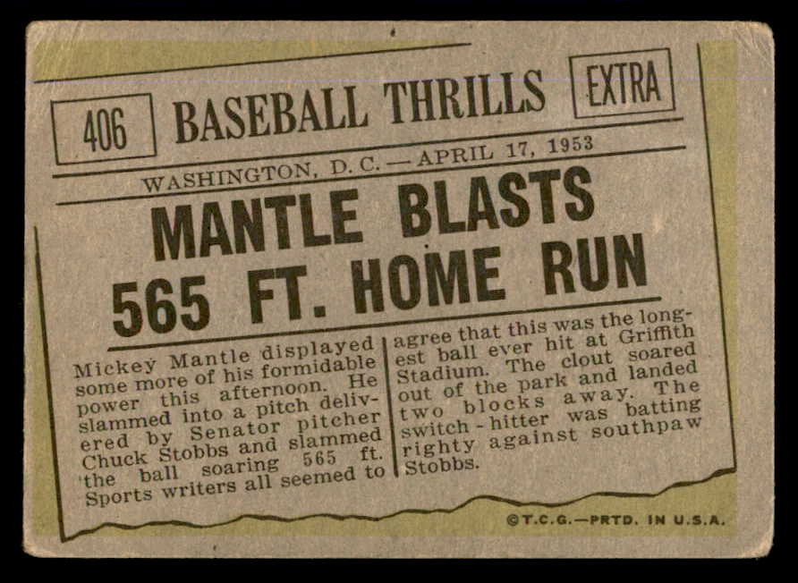 1961 Topps Baseball #406 Mickey Mantle IA Yankees GD-VG 540415