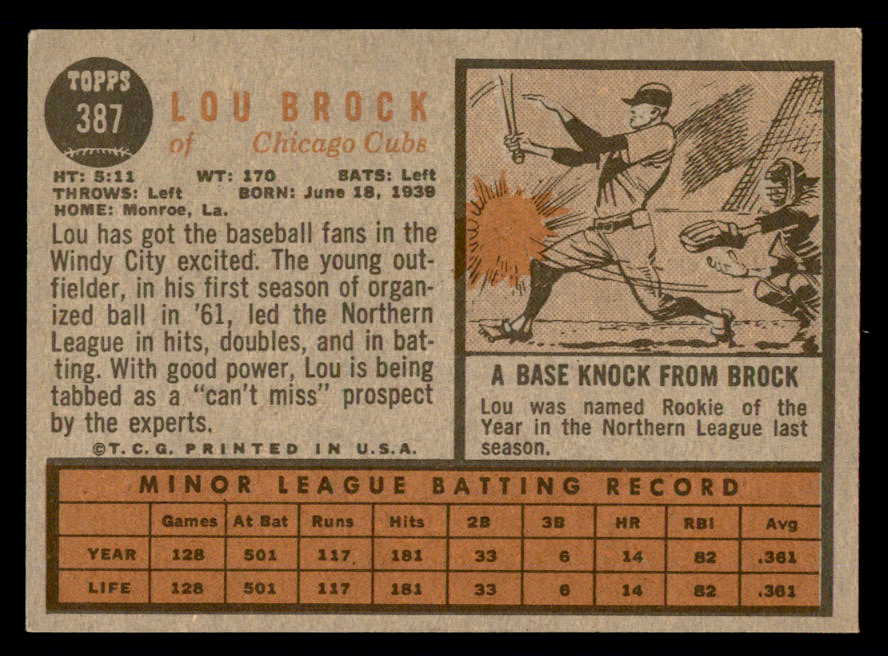 1962 Topps Baseball #387 Lou Brock Cubs VG-EX 540485
